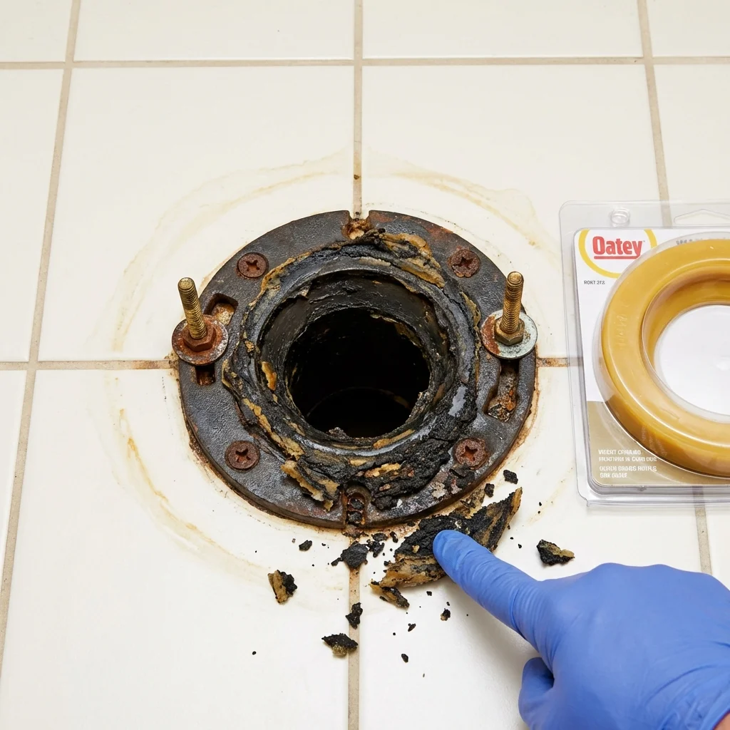 Failed wax ring showing water seepage at the base of a toilet in a Florence, OR home