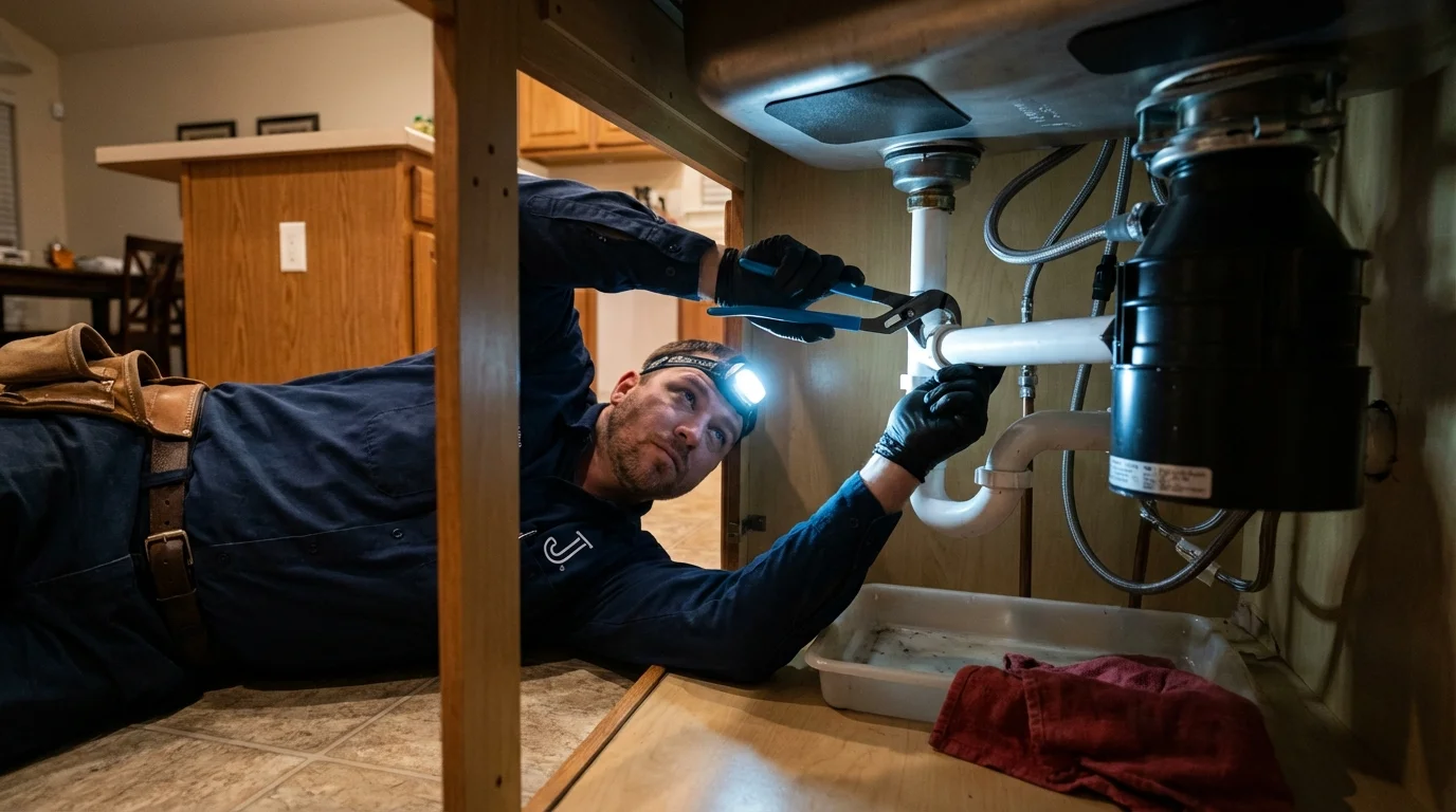 P-trap and supply line connections under a kitchen sink showing a common leak point in Florence, OR